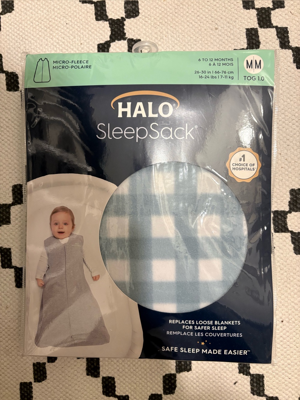Halo SleepSack Wearable Micro-fleece blanket in Gingham, 1 tog, size 6-12 months